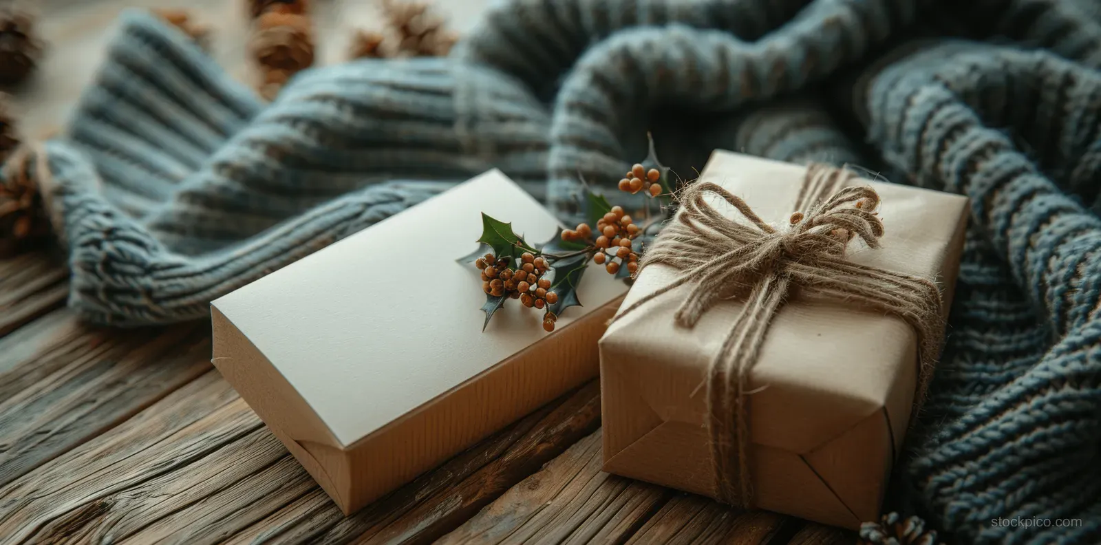 Wrapped gift box and greeting card on a wooden table with twine and small greenery sprigs.
