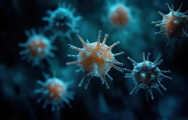 3D virus particles float in a dark background with blue glow and orange spike highlights.