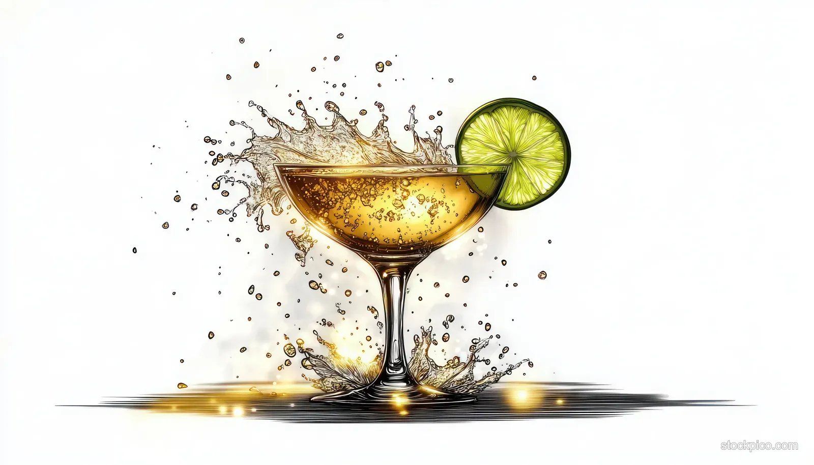 Golden cocktail splashing from a stem glass with a lime slice garnish on the rim against a white background.