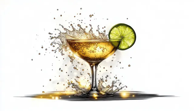 Golden cocktail splashing from a stem glass with a lime slice garnish on the rim against a white background.