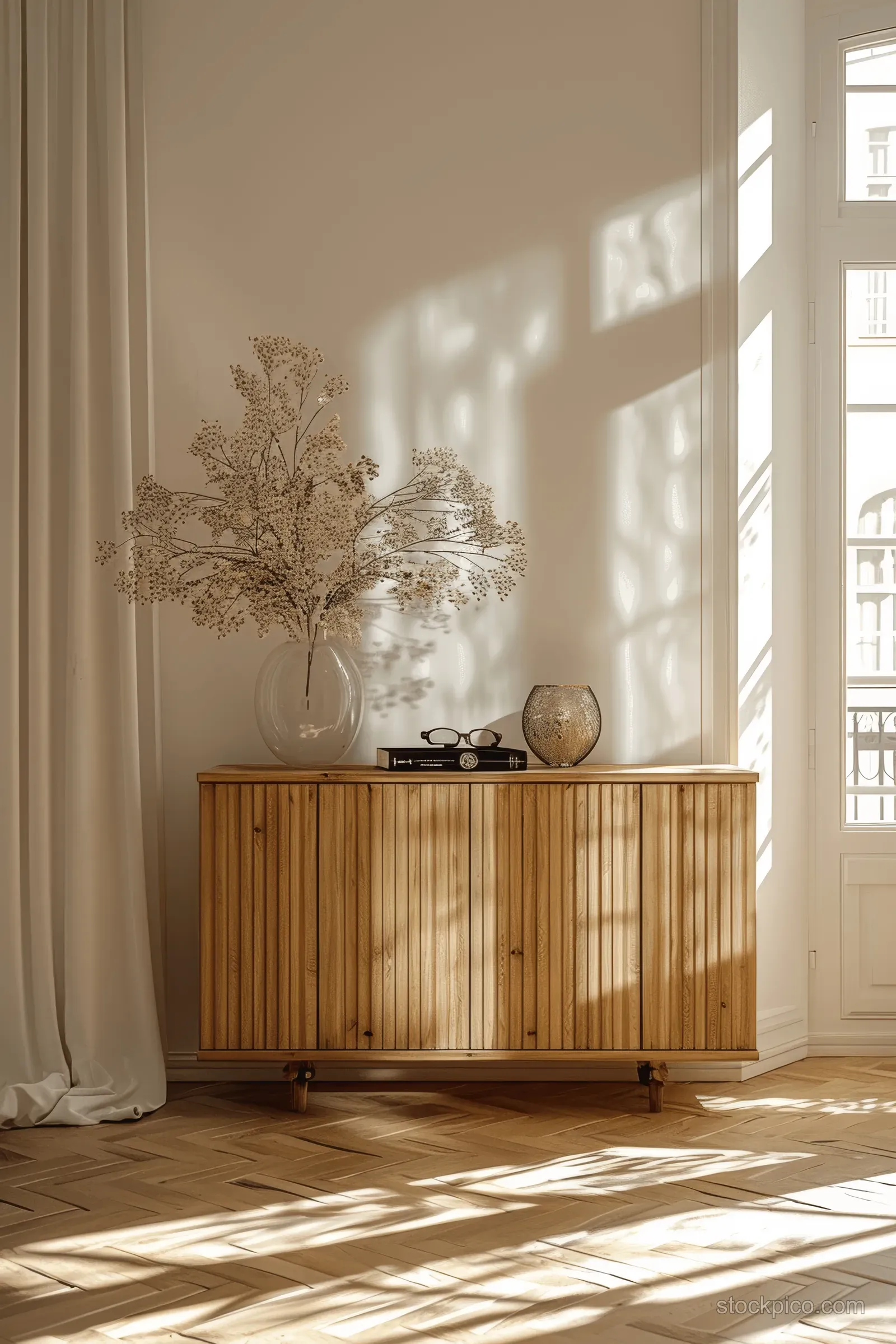 Sunlit minimalist wooden sideboard in a bright apartment with parquet flooring and soft window shadows.