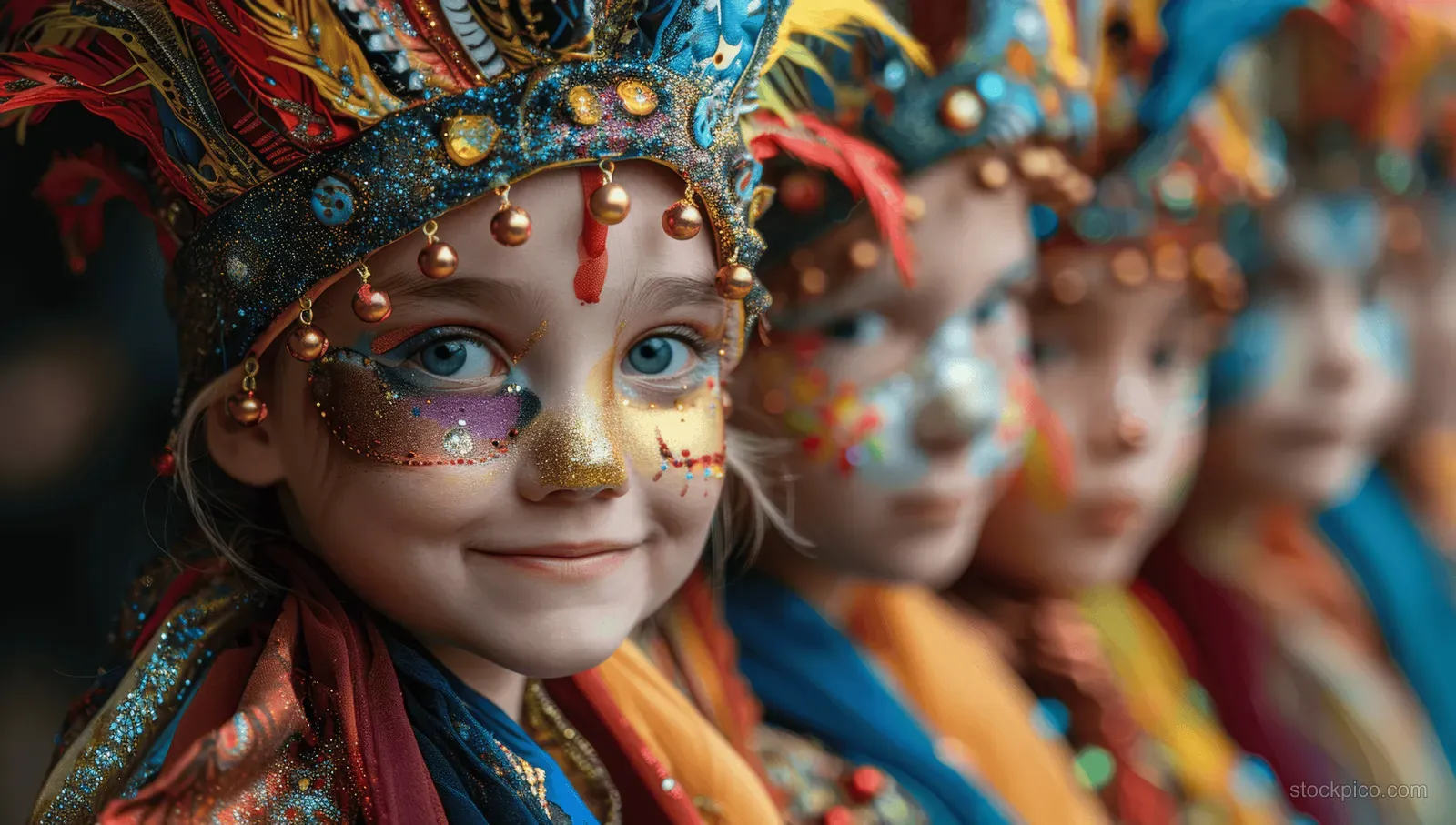 Children in colorful stage costumes and glitter face paint sing in a theater chorus, with others blurred behind.