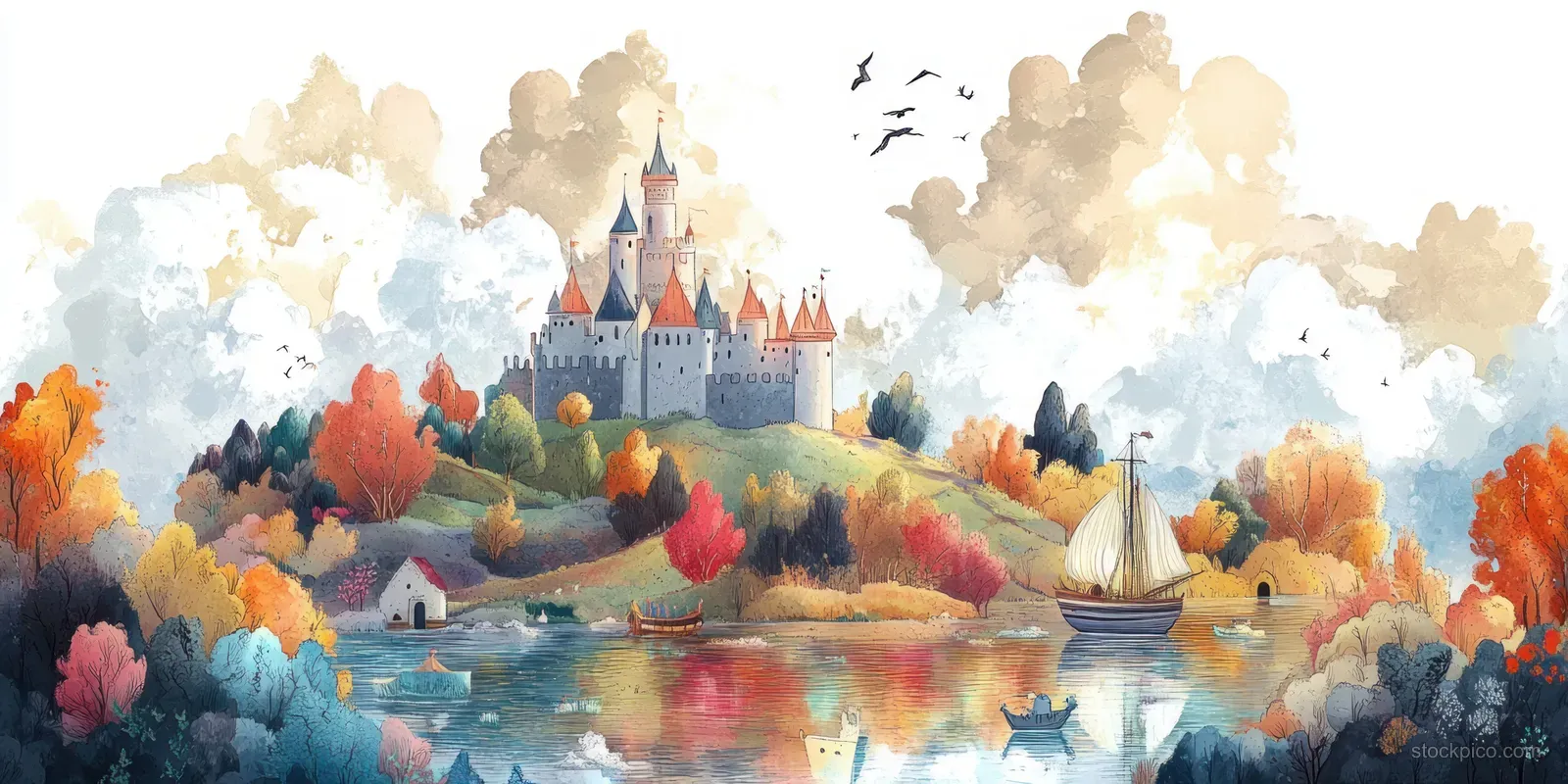 A watercolor fantasy ship shaped like a castle sails on a river toward a distant fortress behind colorful hills and clouds.