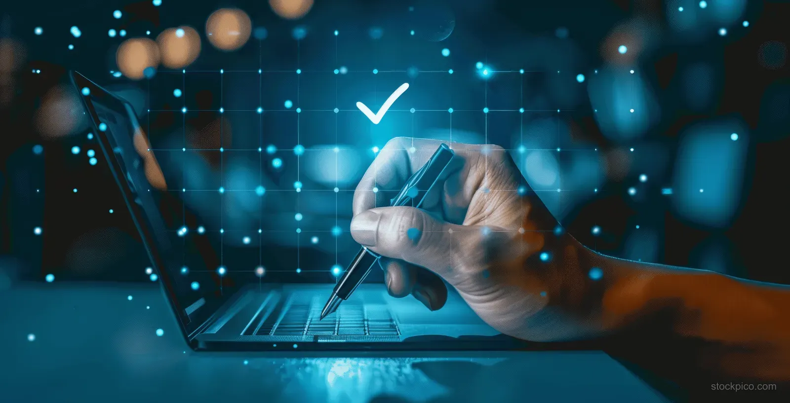 A hand with a pen marks a checkbox on a laptop screen in a dark office.