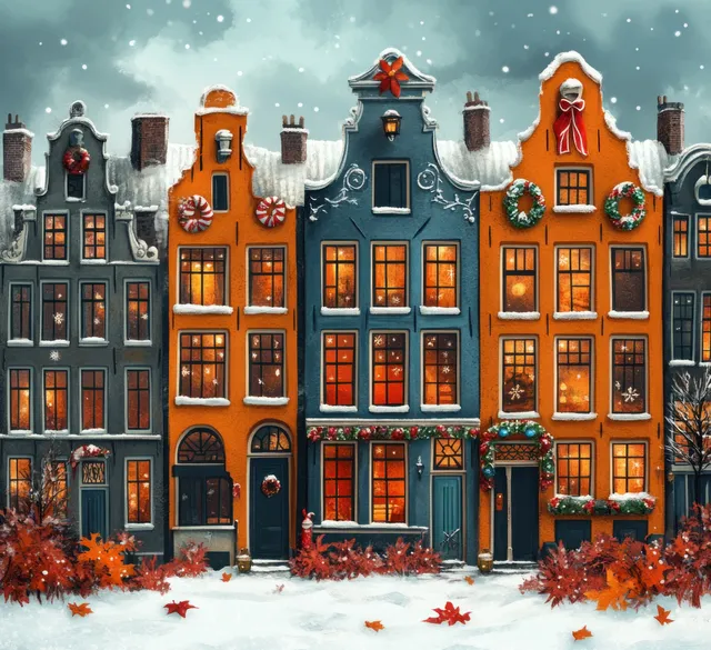 Colorful Dutch buildings line a snowy Christmas street with candy cane ornaments and red poinsettias in front.
