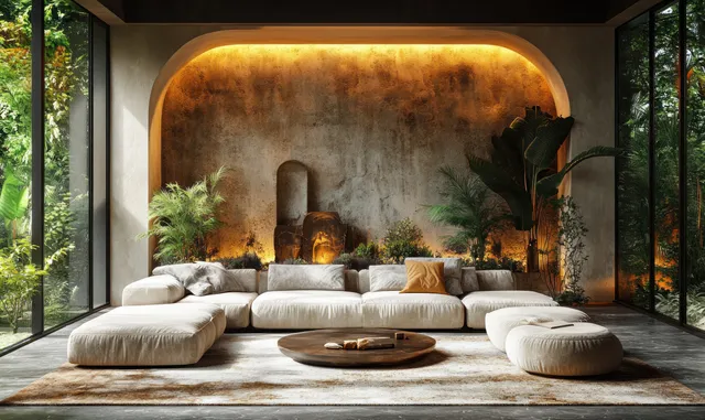 Neutral sectional sofa sits in a minimalist living room facing a warm-lit arch fireplace with plants and soft glow lighting.