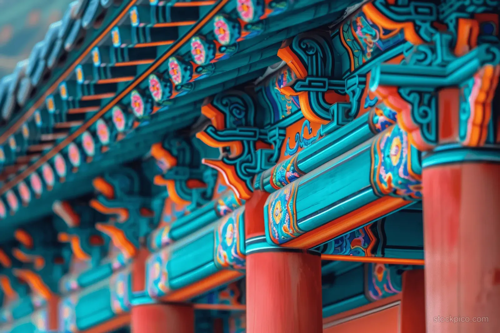 Close-up of painted temple eaves with ornate brackets and colorful blue beams beside red columns.
