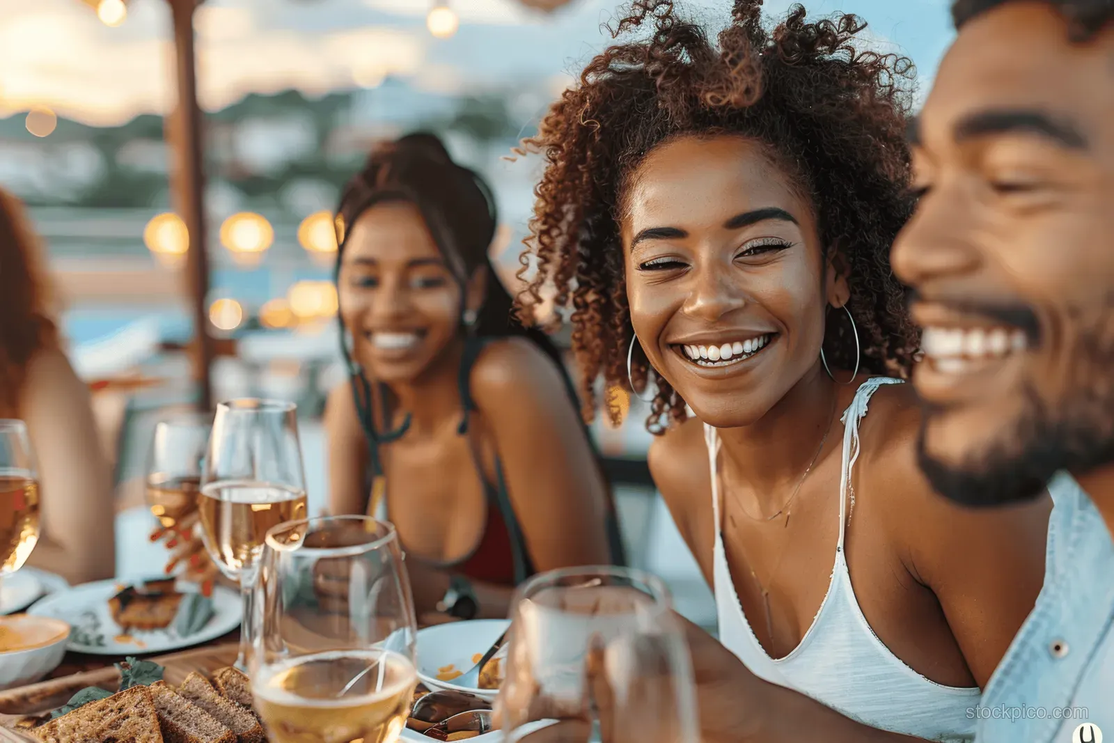 Friends clink wine glasses at a rooftop BBQ dinner table during sunset with city lights behind them.