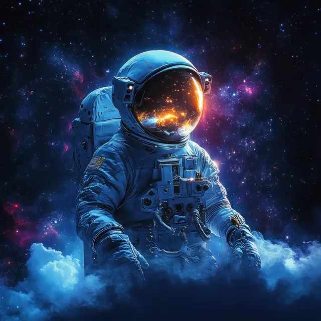 Astronaut reaching a glowing moon amid nebula clouds in deep space