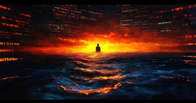 Silhouette figure in stormy dark water as fiery orange digital city skyline glows