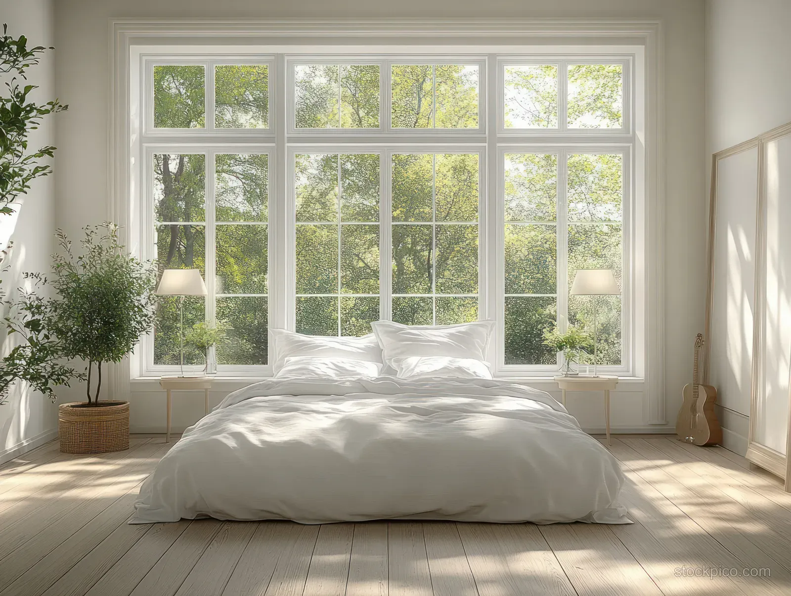 Scandinavian bedroom with white bedding and daylight pouring through large windows behind the bed.