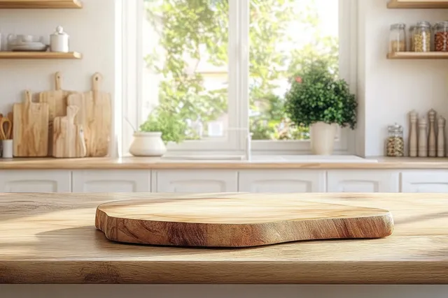Wooden cutting board on a minimalist kitchen countertop, illuminated by bright daylight through a window.