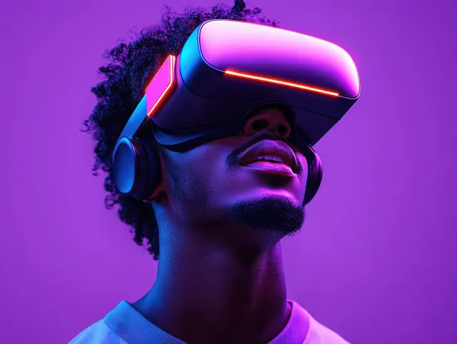 A young man wears a glowing VR headset against a purple background.