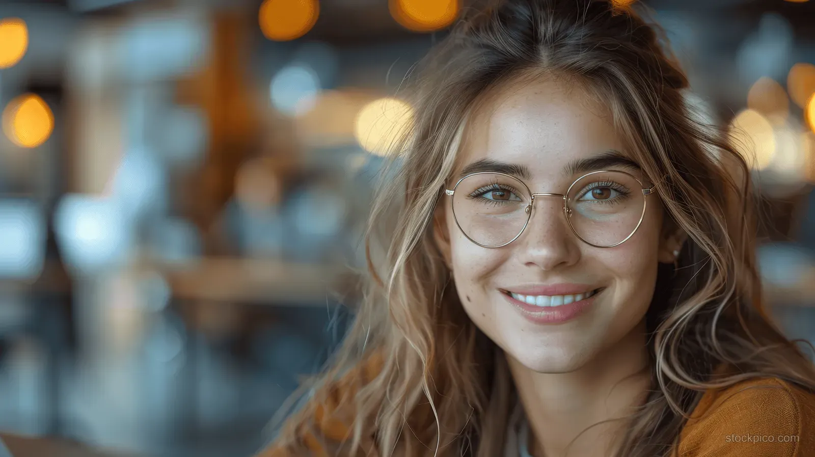Young woman with glasses smiling inside a cozy cafe with warm bokeh lights in the background.