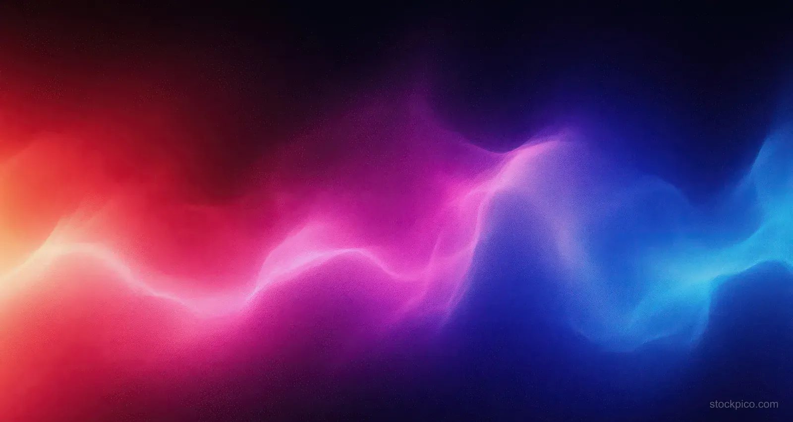 Abstract purple, pink, and blue light waves glow across a dark background.