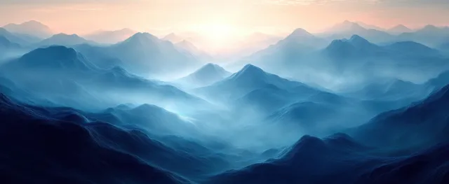 Layered mountain fog at blue dusk with soft glow and smooth gradient haze