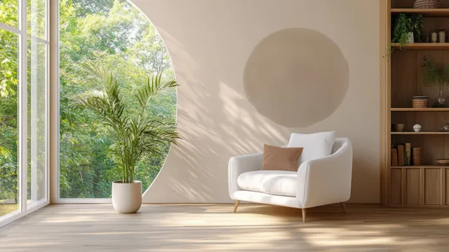 White armchair in a sunlit minimalist living room beside a large window and a small potted plant.