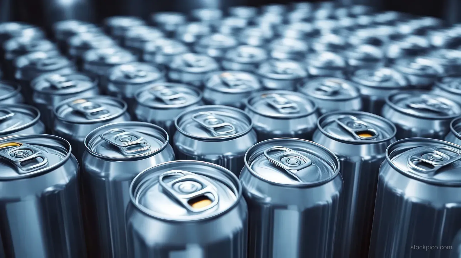 Rows of sealed aluminum beverage cans tightly packed together with reflective metallic surfaces and visible tops.