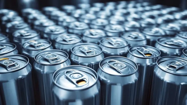 Rows of sealed aluminum beverage cans tightly packed together with reflective metallic surfaces and visible tops.