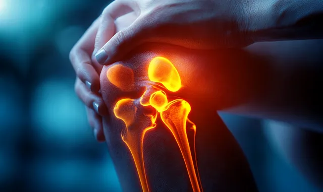 Hand gripping painful knee while glowing bone overlay shows joint inflammation