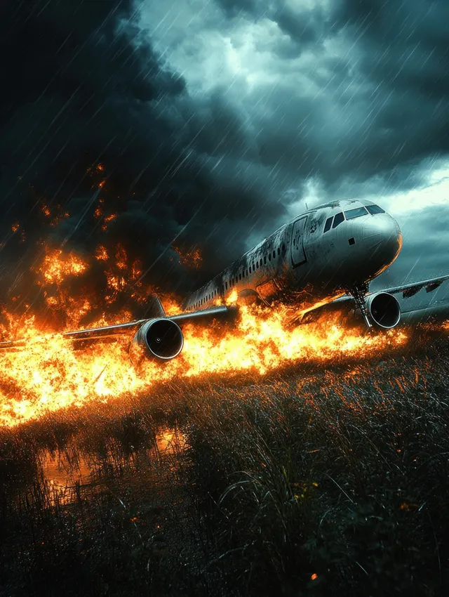 A damaged airplane burns in wet grass as flames spread under dark storm clouds and rain.