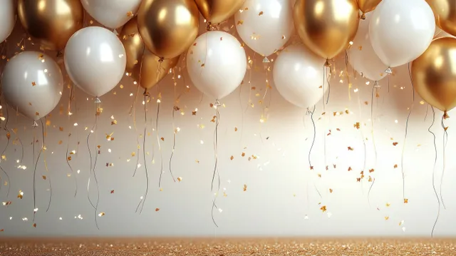 Gold and white balloons cascade across a softly lit party backdrop with confetti glow