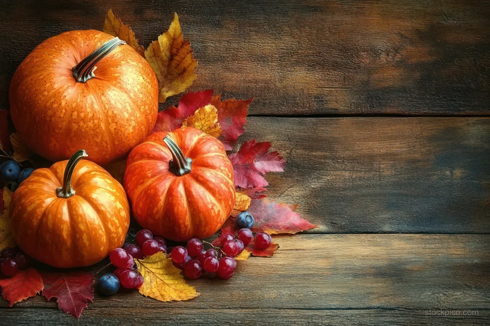 Rustic arrangement of pumpkins, fallen autumn leaves, and berries on a wooden tabletop.