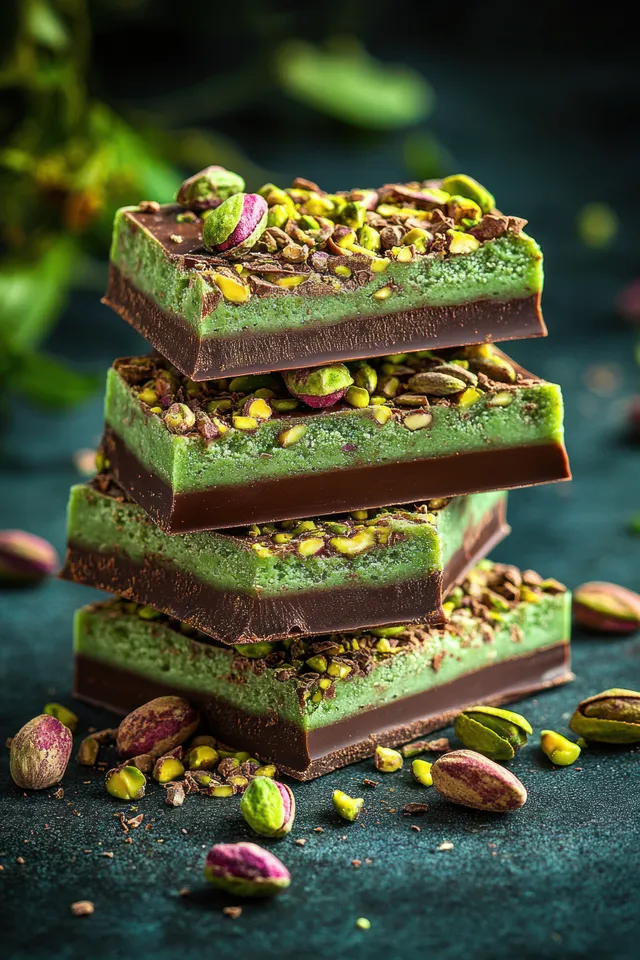 Layered dark chocolate bars with green pistachio cream and scattered chopped pistachios on a dark stone surface.