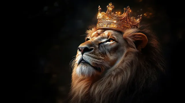 A crowned lion looks upward with glowing eyes against a dark background.