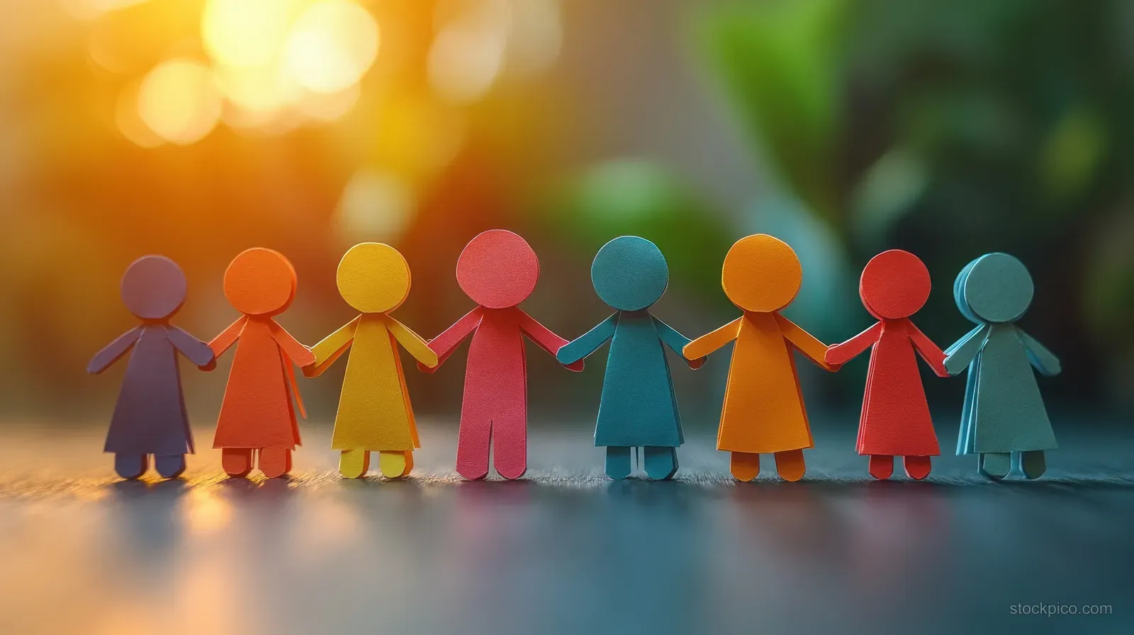 Colorful paper cut-out figures holding hands in a row on a soft blue surface with blurred bokeh lights behind.