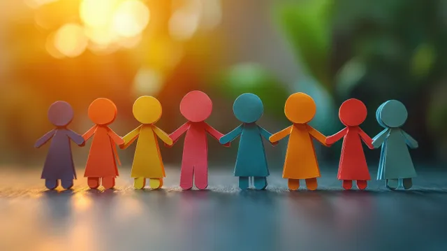 Colorful paper cut-out figures holding hands in a row on a soft blue surface