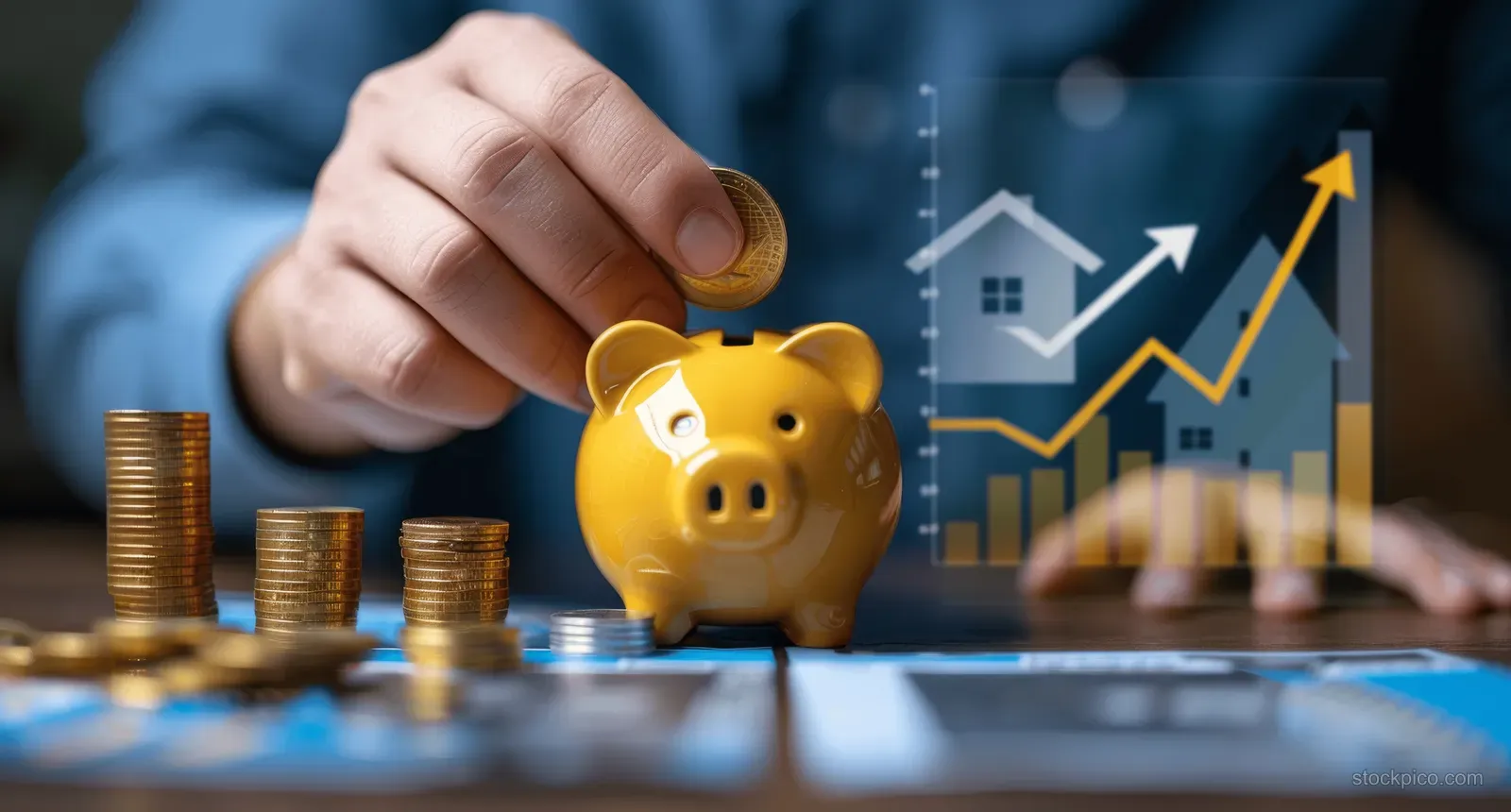 A hand adds a coin to a piggy bank beside stacks of coins and a rising house value chart.