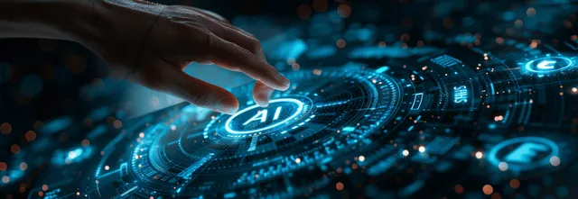Hand placing an AI chip onto a glowing banking network circuit board