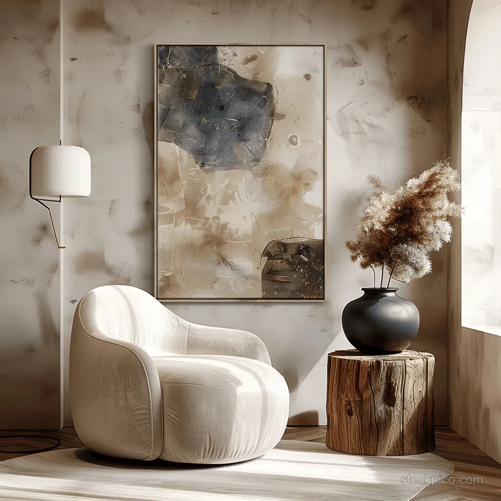 Beige armchair and wooden side table in a minimalist living room under soft natural window light with abstract artwork.