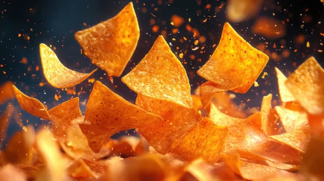 Crispy orange triangular tortilla chips soar through the air, highlighting their crunchy texture and vibrant seasoning.
