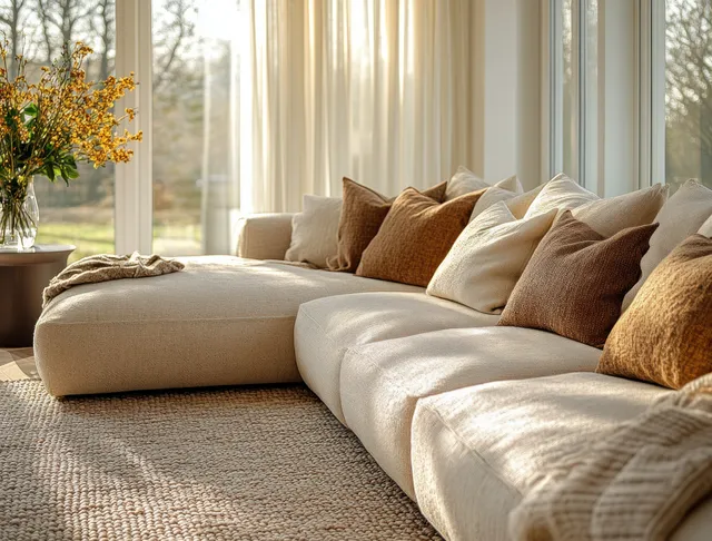 Beige sectional sofa with warm pillows and a small flower vase beside a window with sheer curtains.