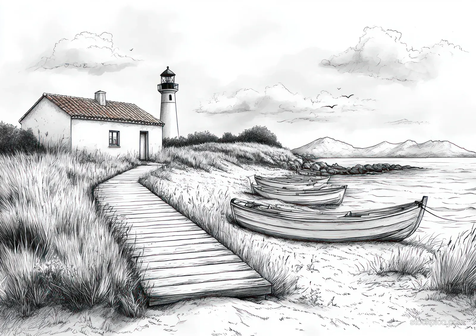 Monochrome illustration shows fishing boats moored at a pier beside calm harbor water, with a lighthouse and distant hills.