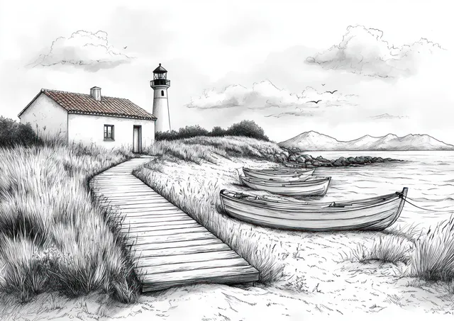 Monochrome illustration shows fishing boats moored at a pier beside calm harbor water, with a lighthouse and distant hills.