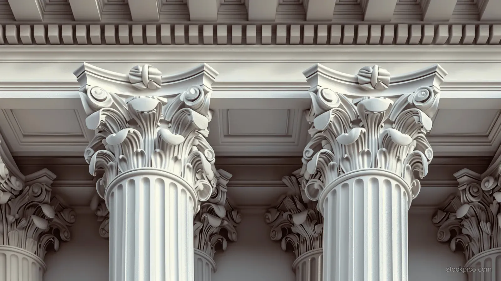 Two carved marble columns with ornate capitals and decorative frieze beneath a vaulted ceiling.