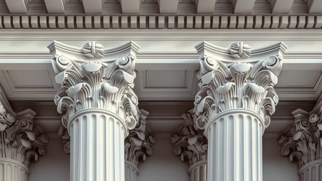Two carved marble columns with ornate capitals and decorative frieze beneath a vaulted ceiling.