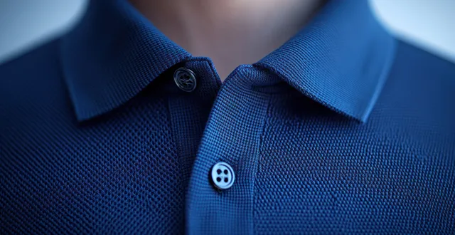 Close-up of a navy polo shirt collar with visible buttons and woven fabric texture on a soft studio background.
