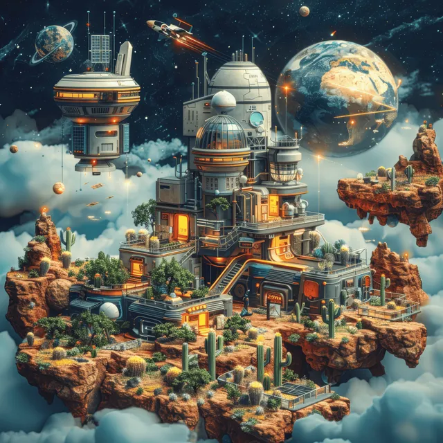 Isometric space station with solar panels, cacti, and orbiting planet in dark cosmos
