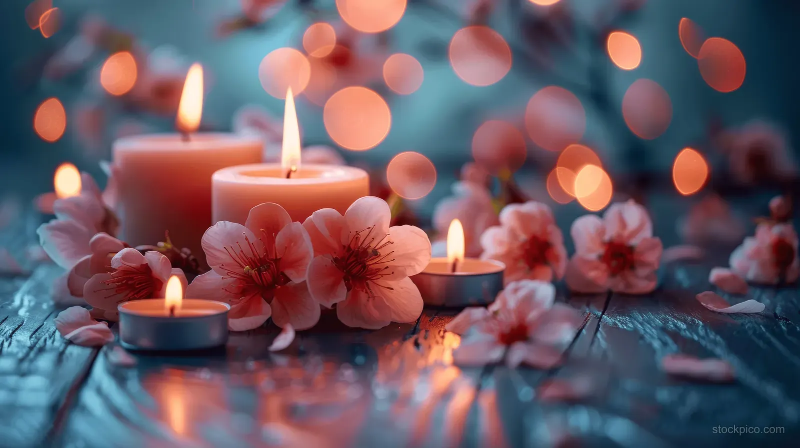 Sakura blossoms and lit tea candles rest on a wooden table with scattered petals and warm bokeh lights.