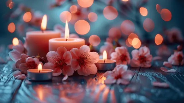 Sakura blossoms and teal candle flames arranged on a wooden spa table for calm relaxation