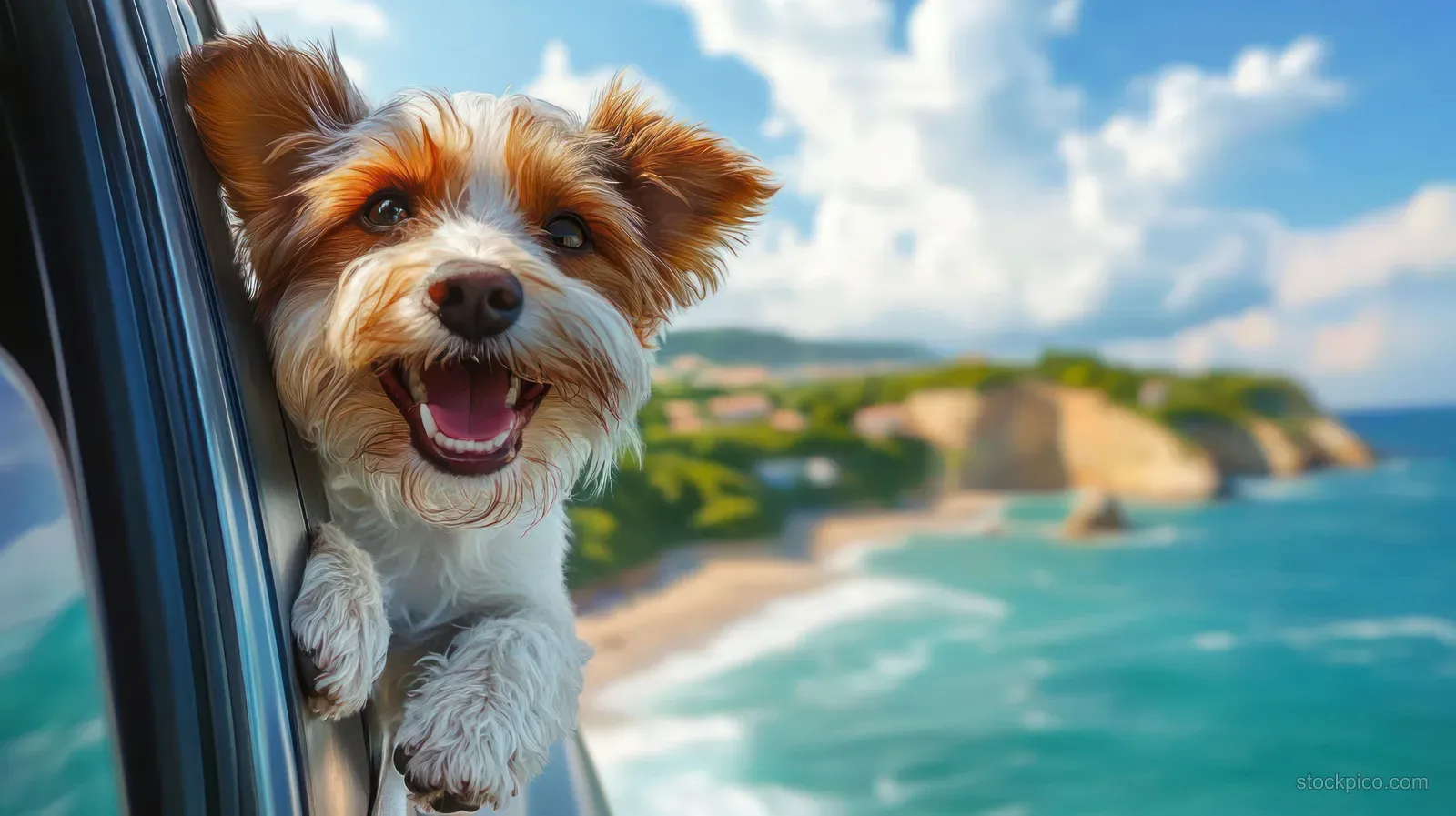 Terrier dog with mouth open and ears up leans from a car window beside a turquoise shoreline.