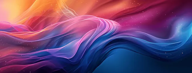 Neon pink and blue wavy ribbons swirl across a dark abstract background with glowing gradient light.