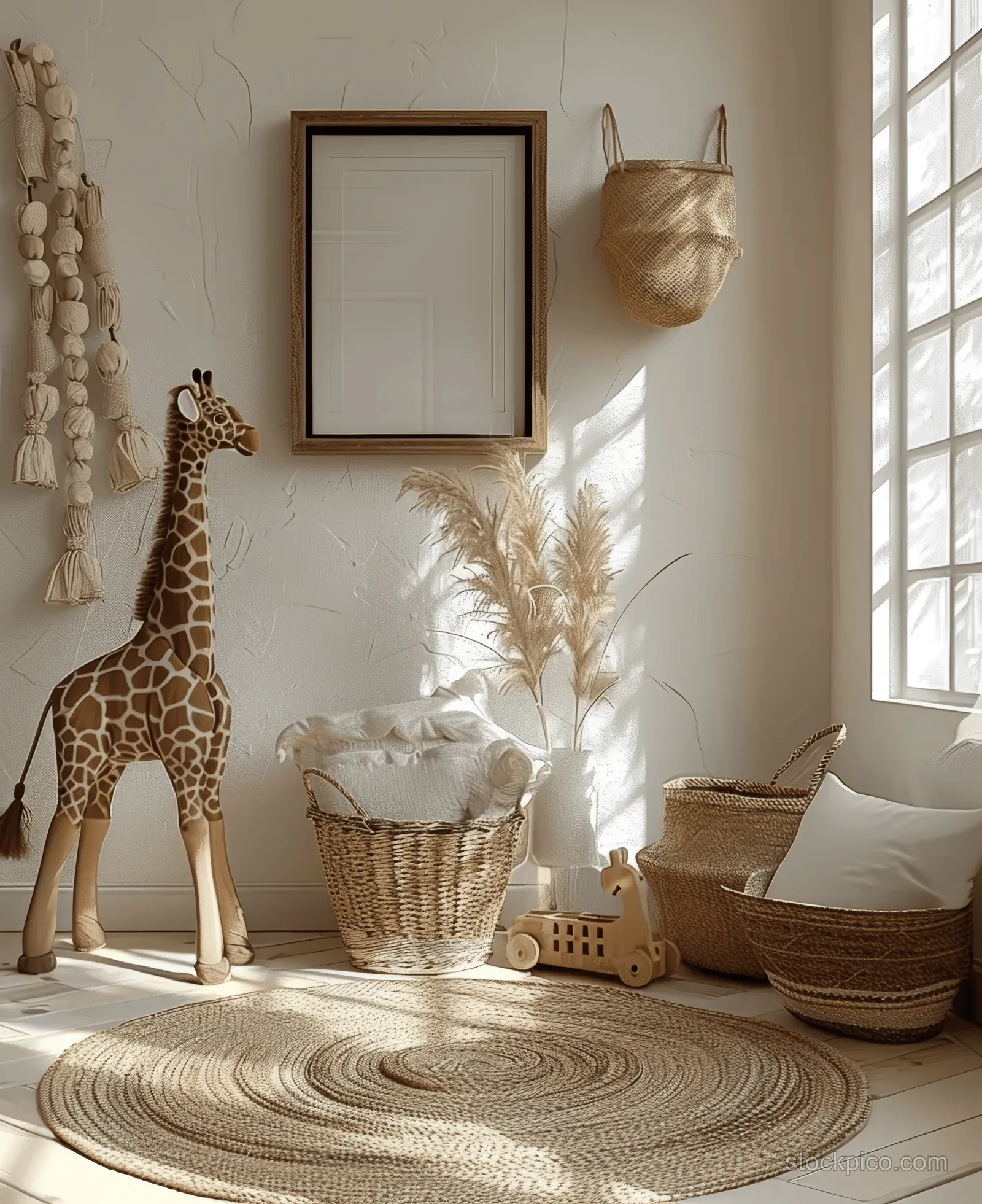 An empty framed picture stands beside a giraffe toy, baskets, and soft light in a cozy children’s room.