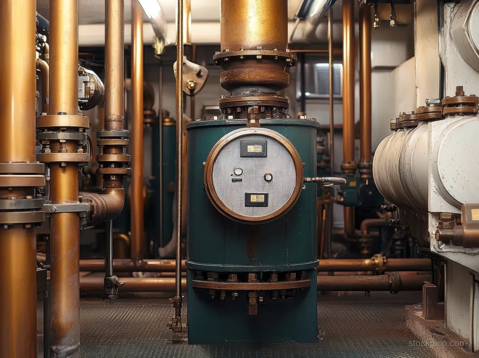 Analog pressure gauge on a green boiler unit with metallic piping and valves surrounding it in an industrial room.