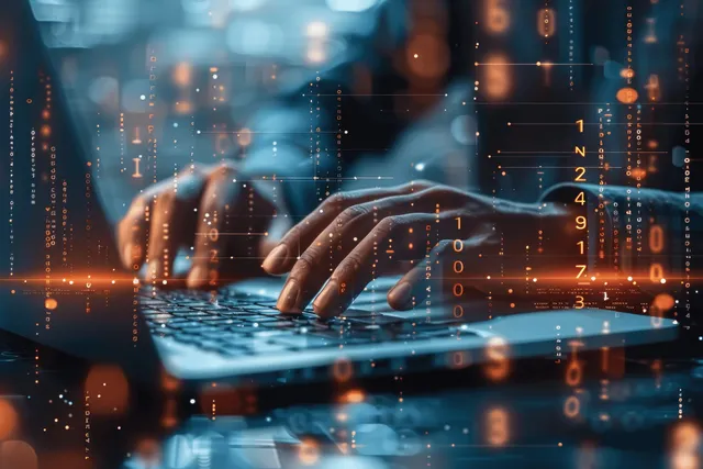 Hands typing code on laptop with glowing data streams with Software Development
