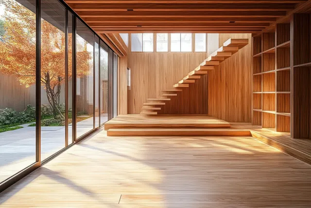 Empty modern room with wooden walls and a floating staircase, lit by sunlight through large windows showing an autumn tree.